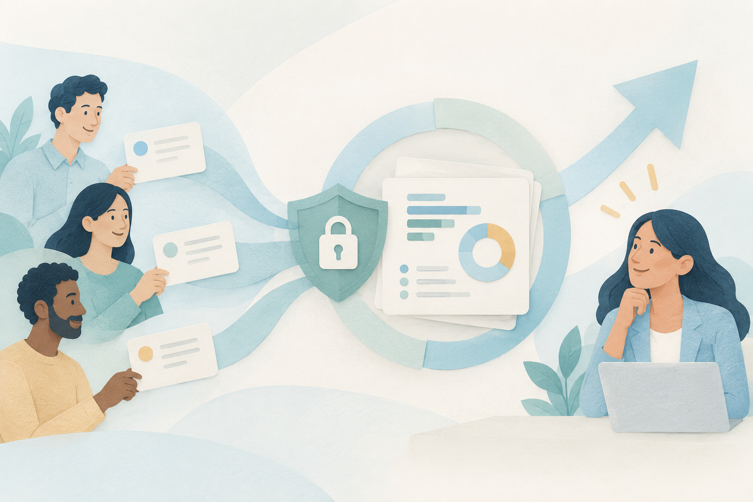 Illustration of colleagues sharing protected 360 feedback that becomes grouped insights and development direction.